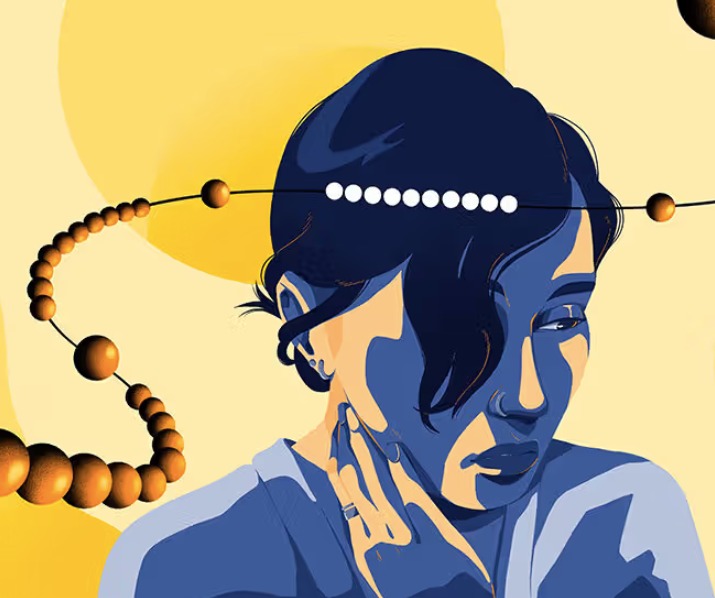 Stylized person touching their neck as a strand of beads circles their head