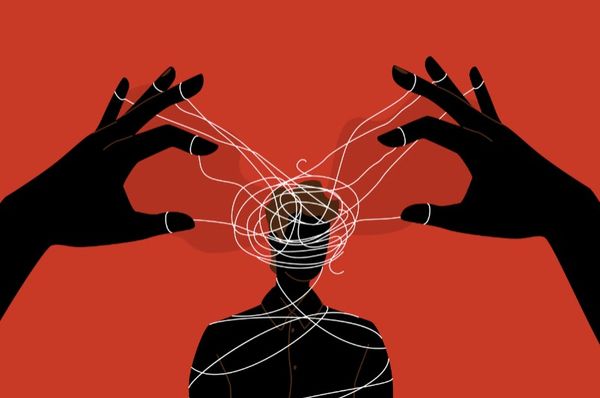 Oversized silhouetted hands hold white strings tangled around a central figure's head