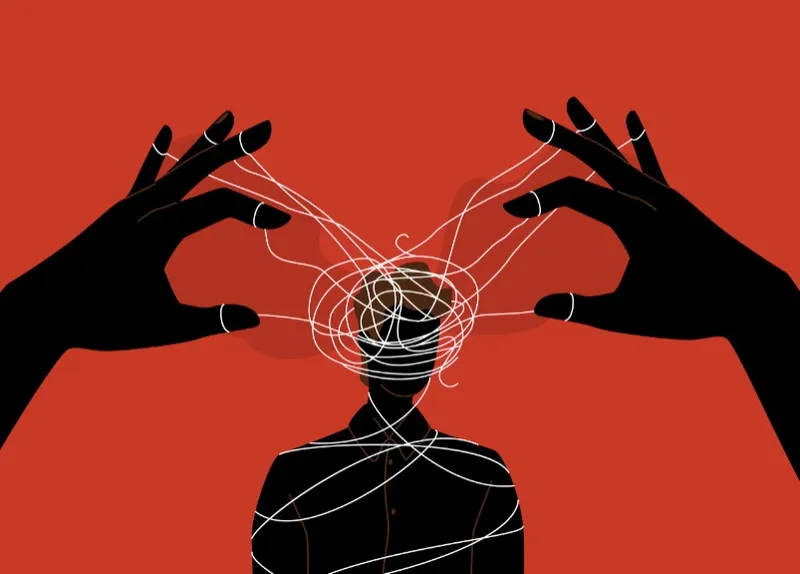 Oversized silhouetted hands hold white strings tangled around a central figure's head