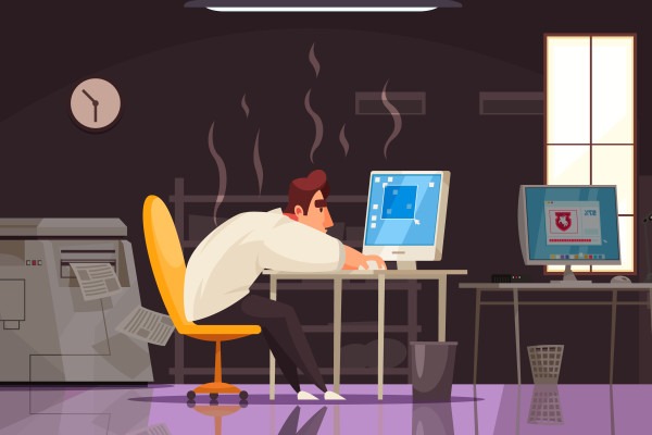 Cartoon figure slumped at a computer desk in a dim office with smoke rising nearby