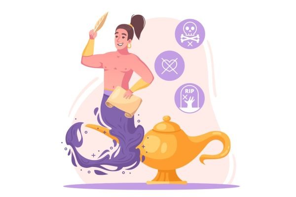 Cartoon figure rises from an ornate vessel beside a crossed-out heart and grave symbols