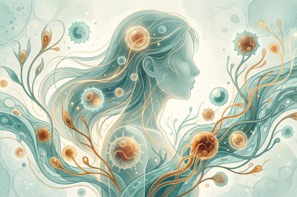 Stylized female silhouette surrounded by glowing immune cells in conflict with tissue forms in teal and amber tones
