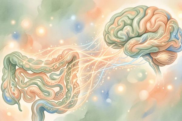 Fluid abstract shapes of gut and brain connected by glowing threads in sage green and peach tones