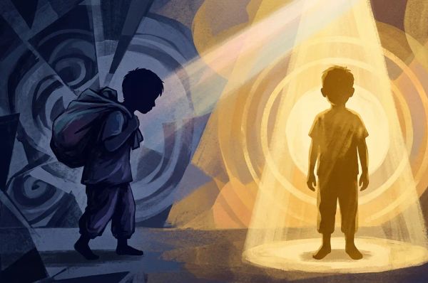 Two child silhouettes, one in spotlight and one in shadow carrying a burden, in gold and indigo tones