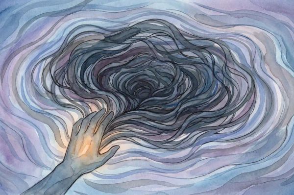 Abstract swirling dark mass being calmed by a reaching hand into ripples of blue and lavender