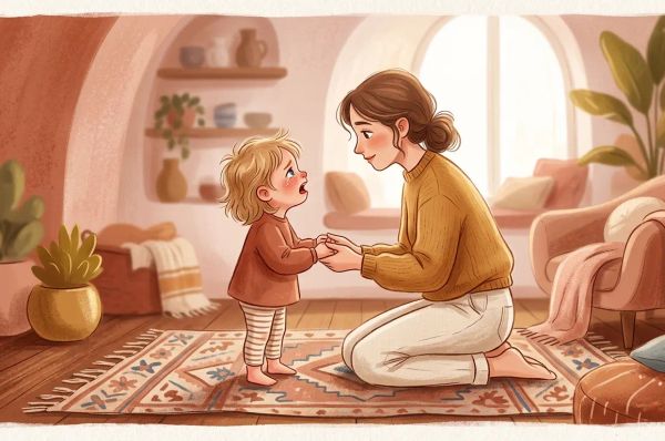 Stylized adult kneeling to meet child figure mid-tantrum in warm terracotta and cream interior