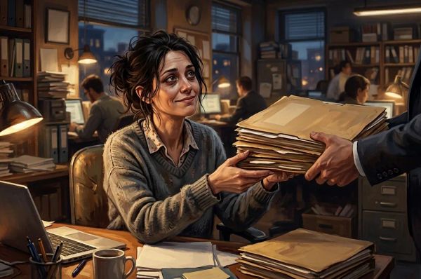 Single figure stretched toward multiple others with its own light dimming in terracotta and rose tones