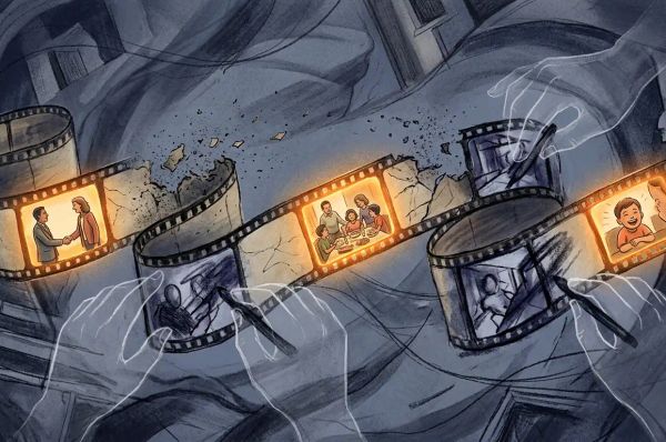 Film reel of events being erased and redrawn by unseen hands with warm amber fragments resisting distortion