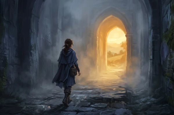 A silhouette walking through darkness toward a bright golden opening, symbolizing the journey through pain toward hope
