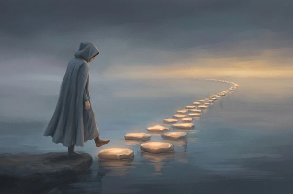 A figure standing mid-step on a glowing bridgesymbolizing the hesitation of procrastination as a trauma response.