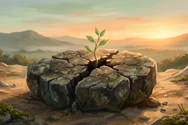 A green sprout growing from a cracked stone in warm sunrise light, symbolizing healing from core wounds.