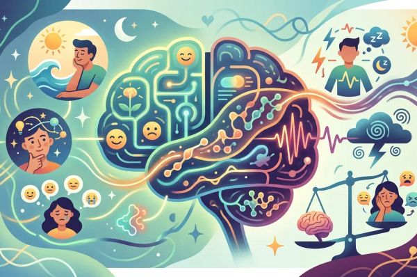 موجات جزيئية مجردة متشابكة مع عقد متوهجة دافئة، ترمز إلى العلاقة بين الهرمونات والصحة النفسية.