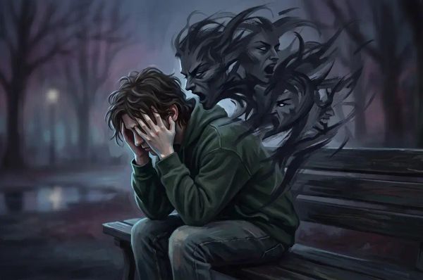 Person sitting on a bench with inner voices talking
