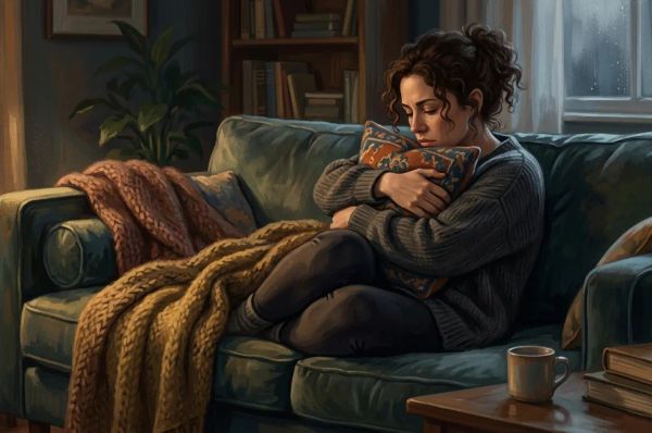 Woman hugging a pillow