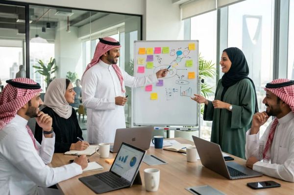 Diverse team collaborating around a table in a bright modern office with warm natural light