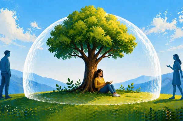a woman sitting calmly under a tree reading a book protected by a barrier