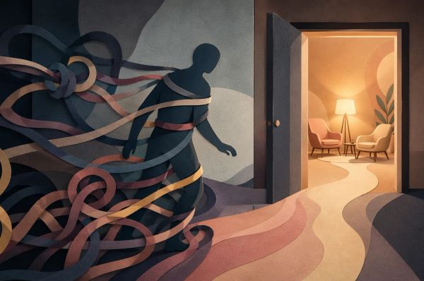 a person approaching the therapy session being held back by negative thoughts