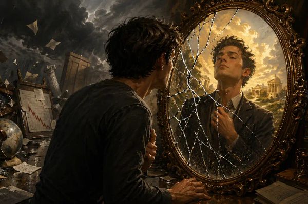 Person looking at a mirror showing conflicting reflection representing cognitive dissonance