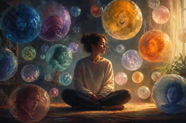 Person sitting peacefully surrounded by colorful floating spheres representing different emotions