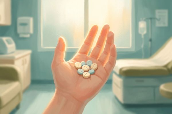 Open hand holding small pills illuminated by warm morning light in a reassuring medical setting