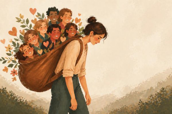 Exhausted person carrying a bag full of people resembling psychological burden
