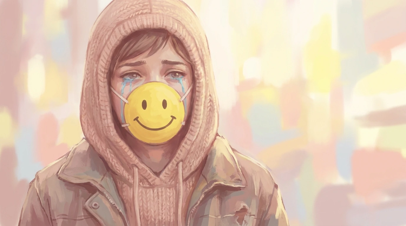 Person wearing a smiley face mask with tears visible beneath representing toxic positivity