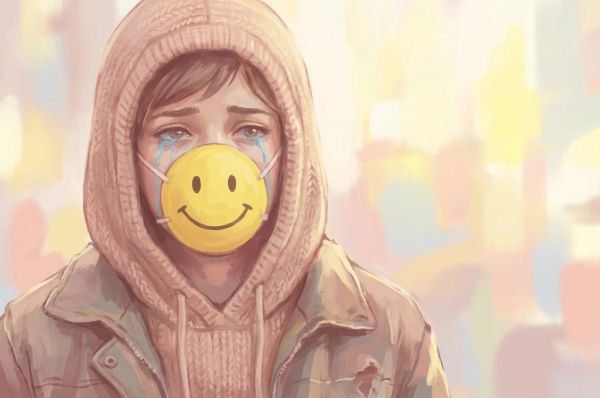 Person wearing a smiley face mask with tears visible beneath representing toxic positivity