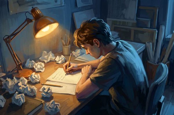 Person erasing and rewriting repeatedly under a desk lamp surrounded by crumpled papers