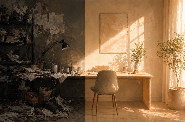 Split room with one messy dark side and one tidy bright side showing the effect of environment