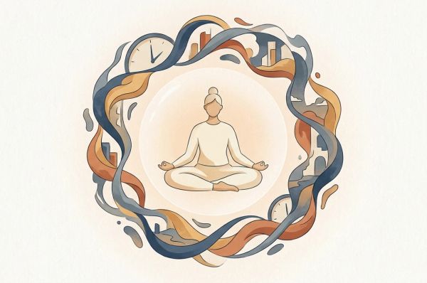 stylized woman figure sitting in a circle representing mindfulness