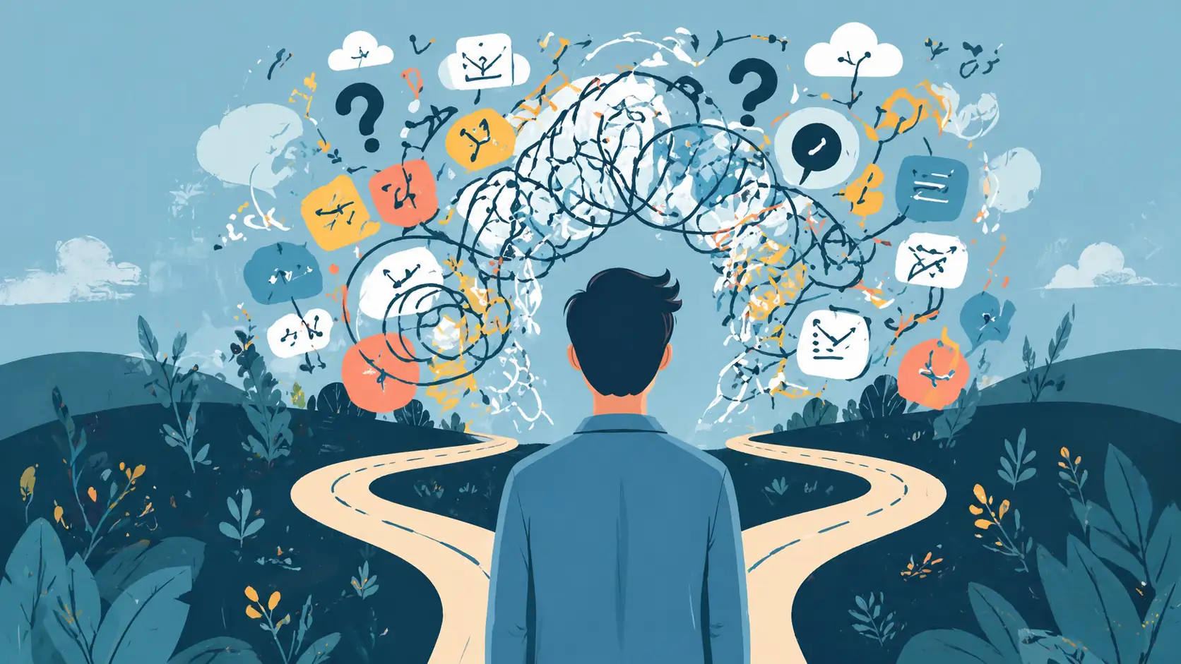 a person standing infront of what appears to be multiple choices to make