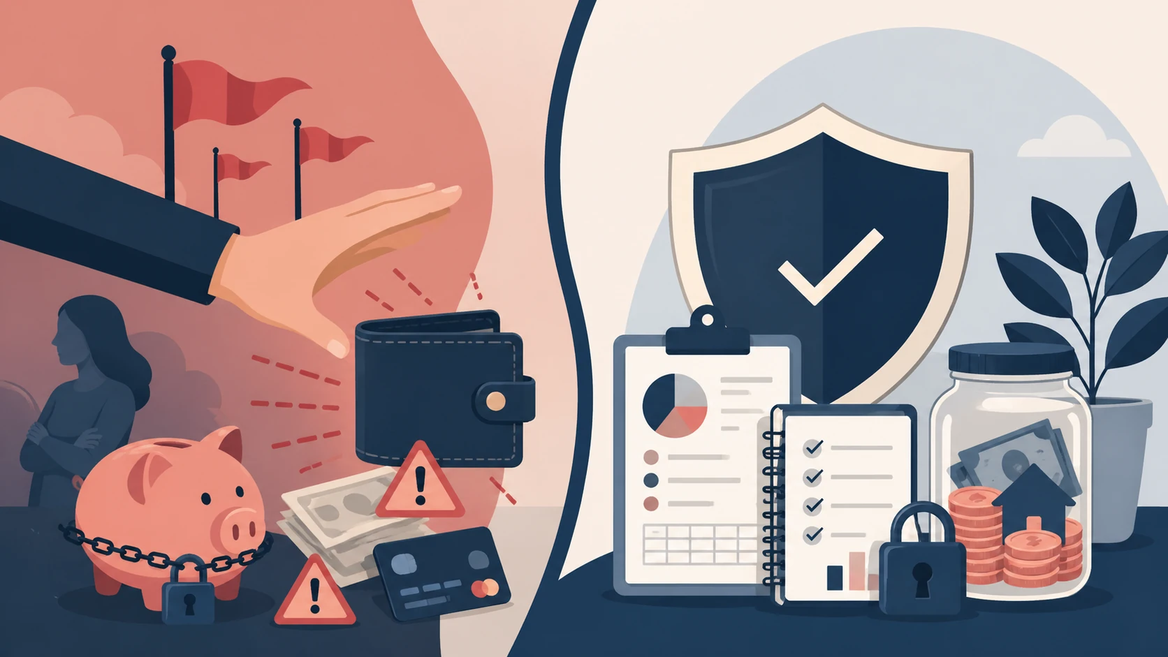 split image left side represents financial control and right side represents financial protection