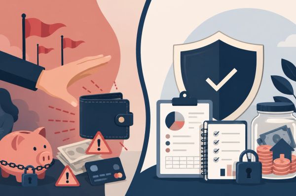 split image left side represents financial control and right side represents financial protection