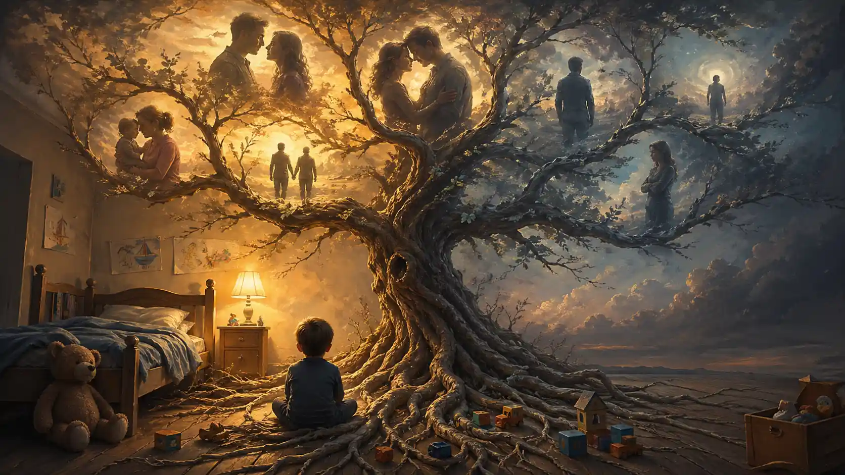 a child sitting in front of a tree resembling his life relationships