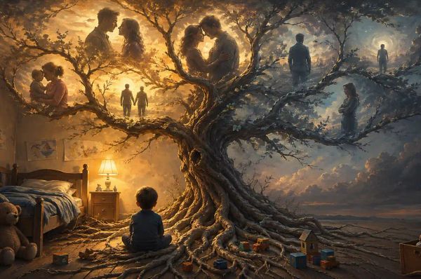a child sitting in front of a tree resembling his life relationships