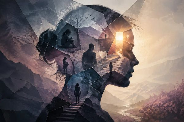 a woman appears to be suffering from multiple psychological traumas