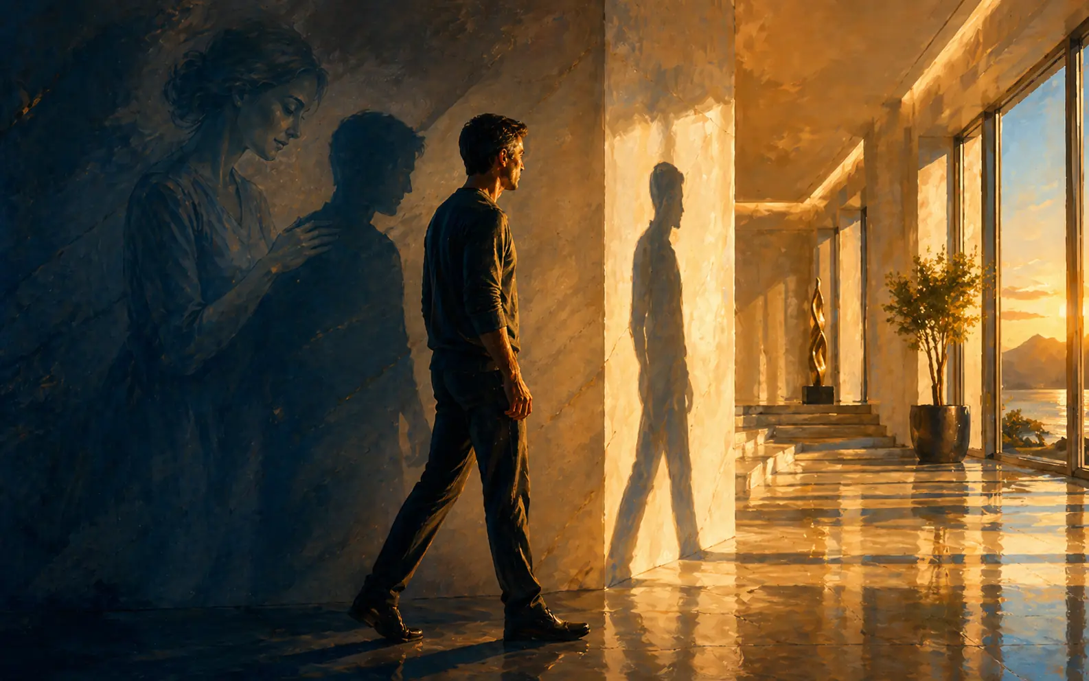 a man looking forward and behind him is the shadow of his mother