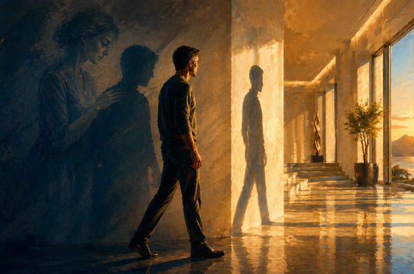 a man looking forward and behind him is the shadow of his mother