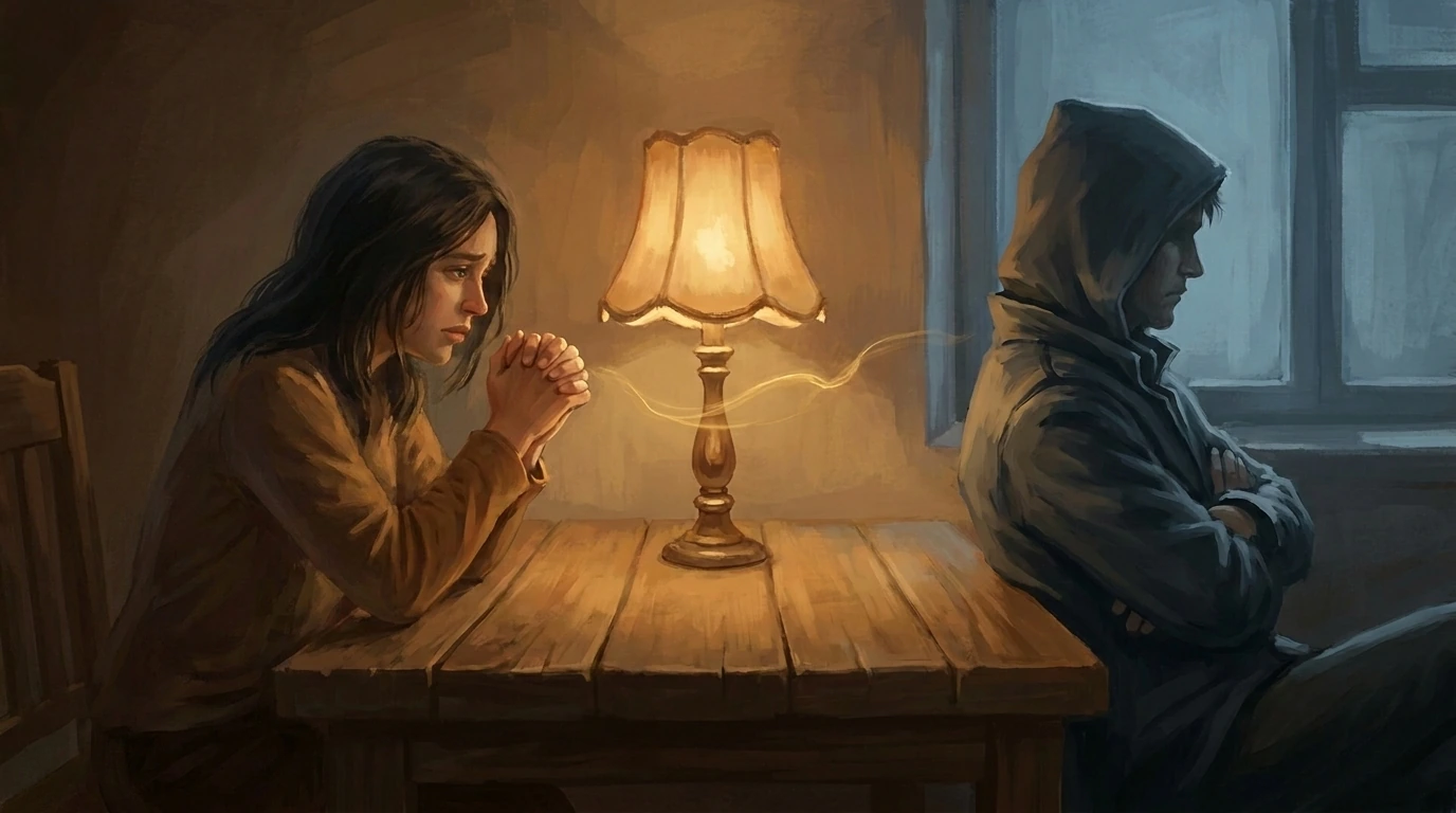 Two people in conversation with warm light between them representing an attempt to encourage therapy
