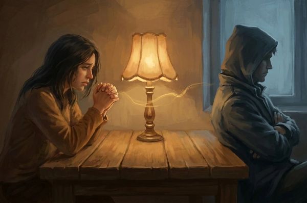 Two people in conversation with warm light between them representing an attempt to encourage therapy