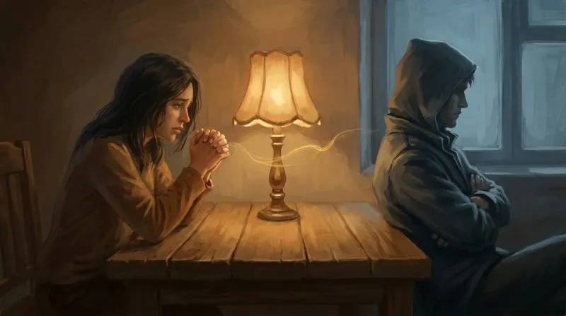 Two people in conversation with warm light between them representing an attempt to encourage therapy