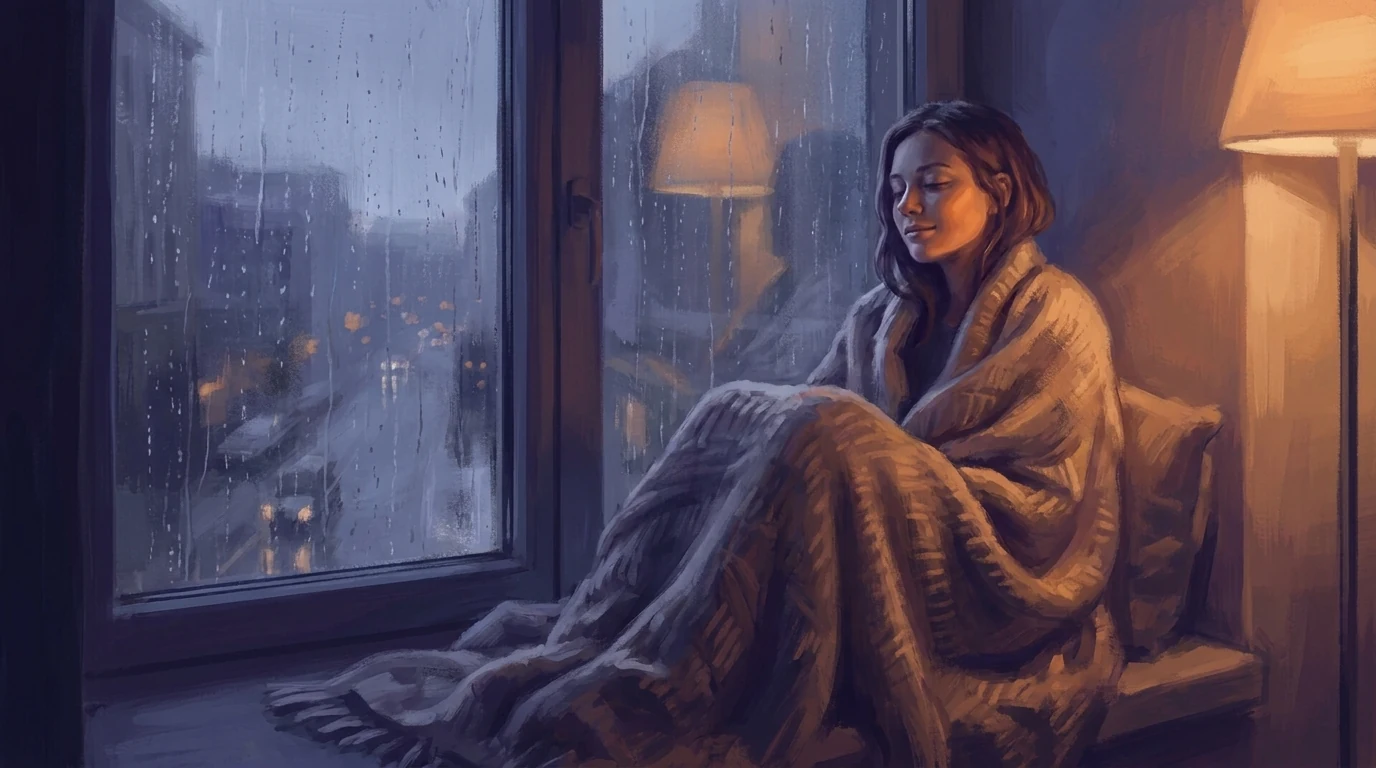 Person wrapped in a blanket by a rainy window looking peaceful in a moment of quiet sadness
