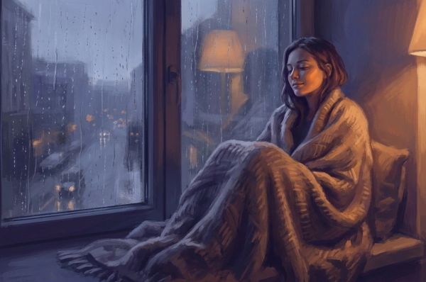 Person wrapped in a blanket by a rainy window looking peaceful in a moment of quiet sadness