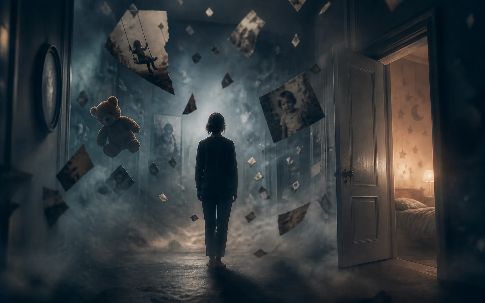 Person standing in a corridor of faded and blurred family photographs representing lost memories