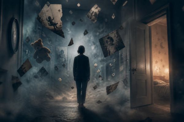 Person standing in a corridor of faded and blurred family photographs representing lost memories