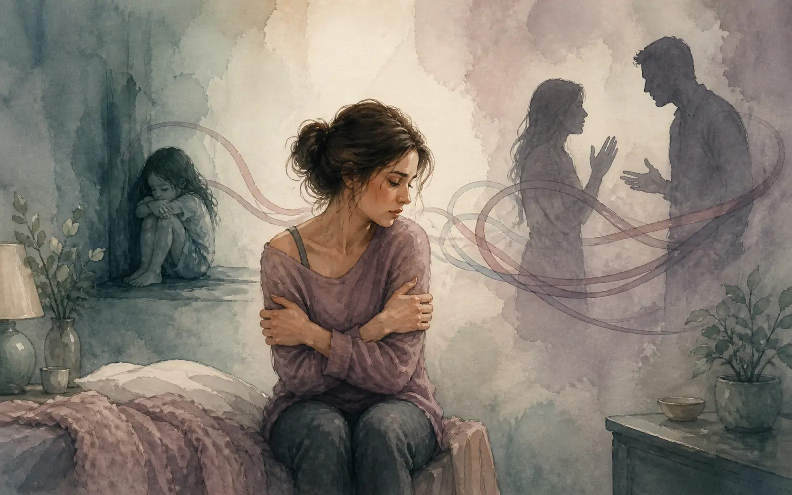 Person suffering from relationship complications reflecting on her childhood abuse