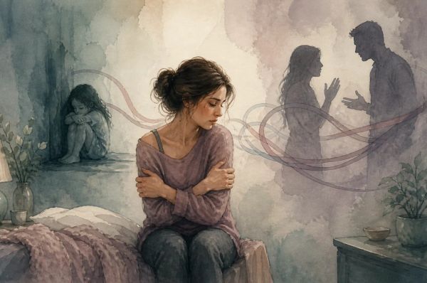 Person suffering from relationship complications reflecting on her childhood abuse