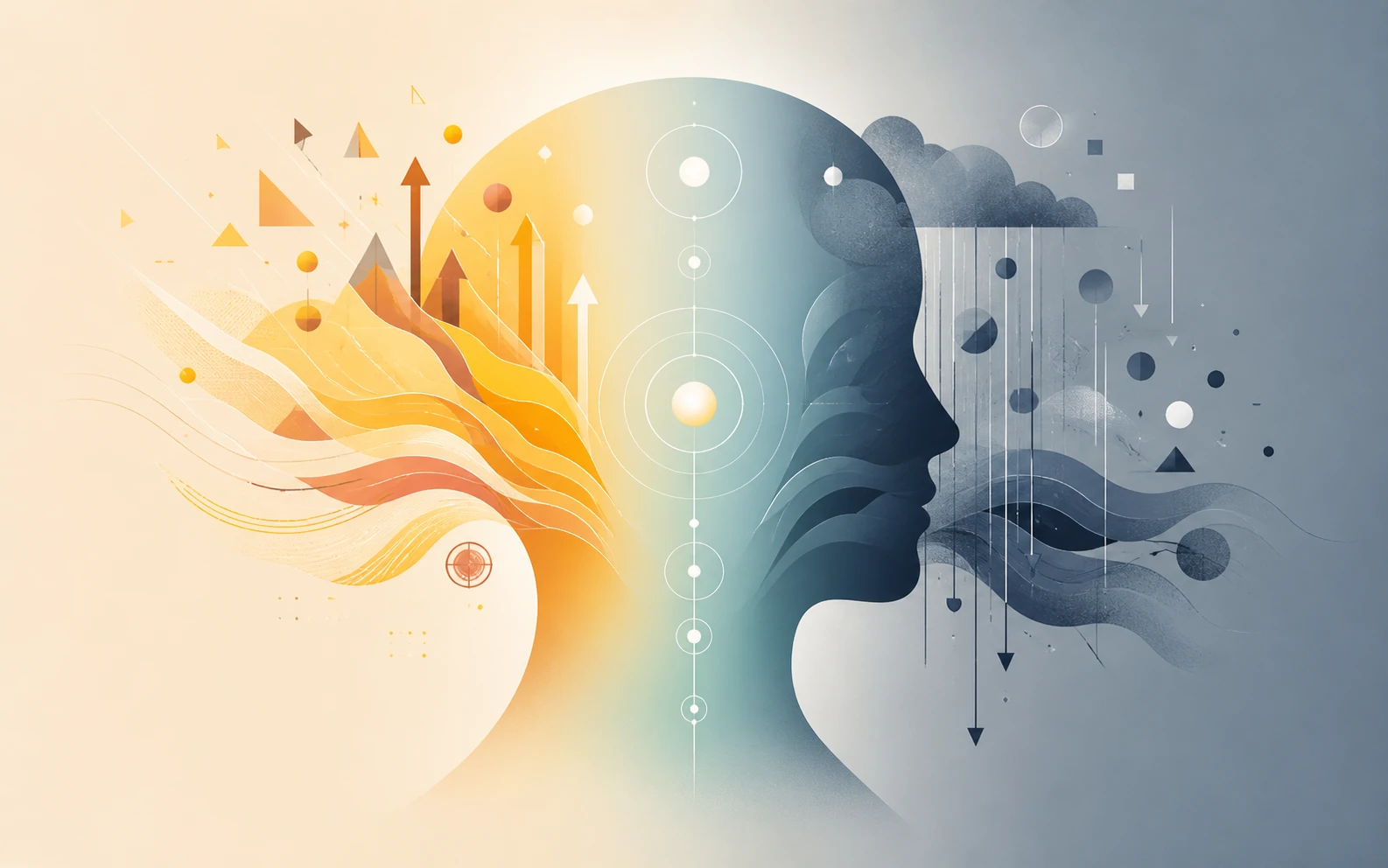 stylized human head split between bright sunrise and dark storm with a figure at the dividing line