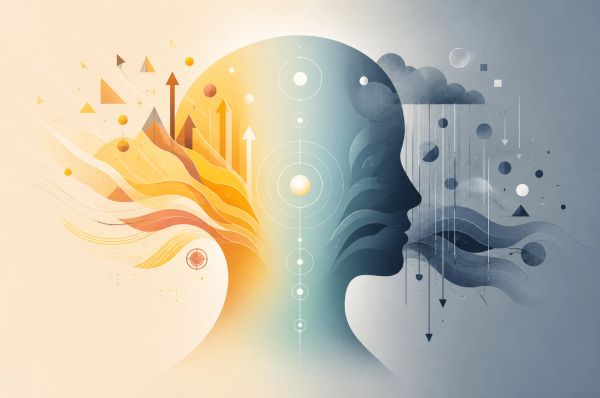 stylized human head split between bright sunrise and dark storm with a figure at the dividing line