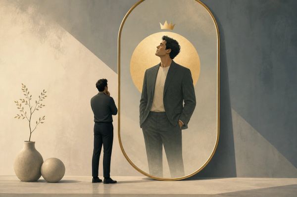 Person looking into a mirror showing a slightly distorted reflection
